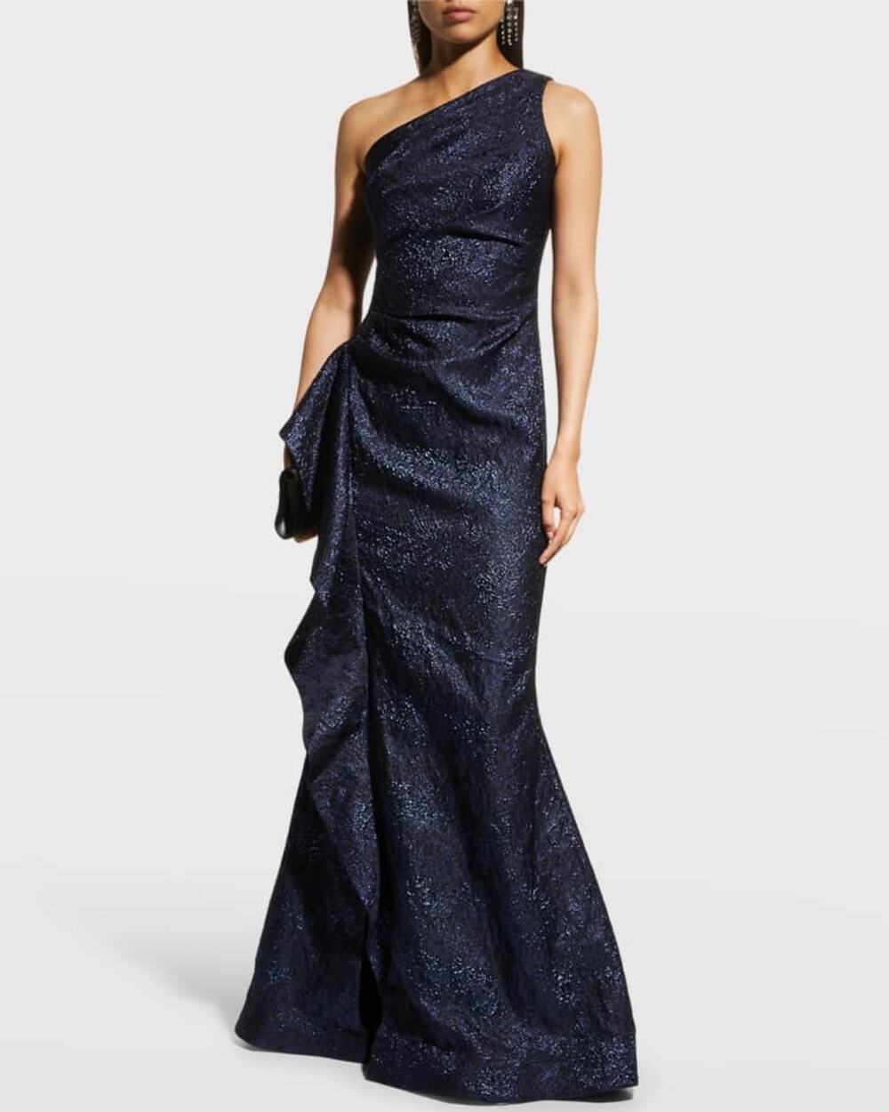 Rickie Freeman Teri Jon Navy One-Shoulder Jacquard Side-Ruffle Evening Gown 16